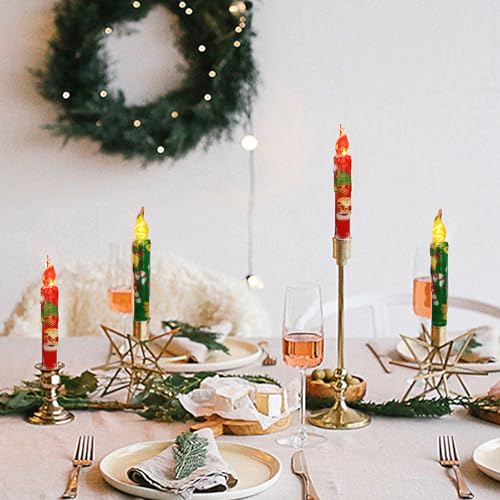 Image of Christmas Flameless Short Taper Candles, Red Green LED Battery Operated with Remote, Flickering Flame Lights for Home Decor, 6.7 Inch Primitive Flameless Print Candles, 4PCS