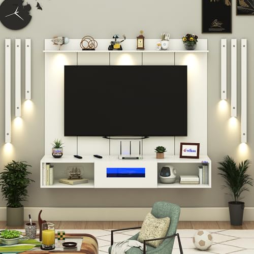 Image of Anikaa NovusPro Engineered Wood Wall Mount TV Unit with PVC Back Panel, Acrylic Blue LED Storage Box, Side Wooden Accent Spot Light Panels I Deal for Up to 50 Inch TV (White - DIY Installation)