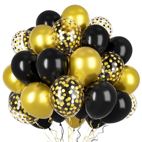 Ousuga Palloncini Oro Nero 50 Pezzi 12 Pollici con Coriandoli, per Compleanno Natale Capodanno Laurea Battesimo Matrimonio Decorazione