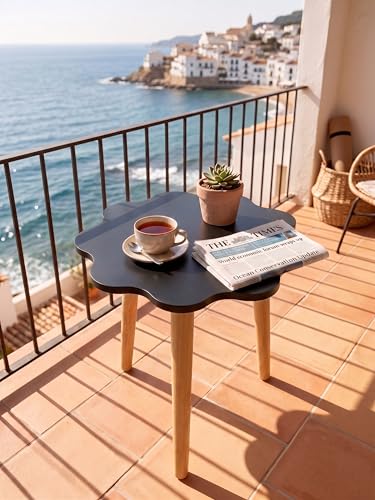 Image of Modern Scalloped Side Table with 3 Wooden Legs, Minimalist End Table /Coffee Table for Living Room, Bedside Nightstand for Bedroom, Balcony & Small Spaces