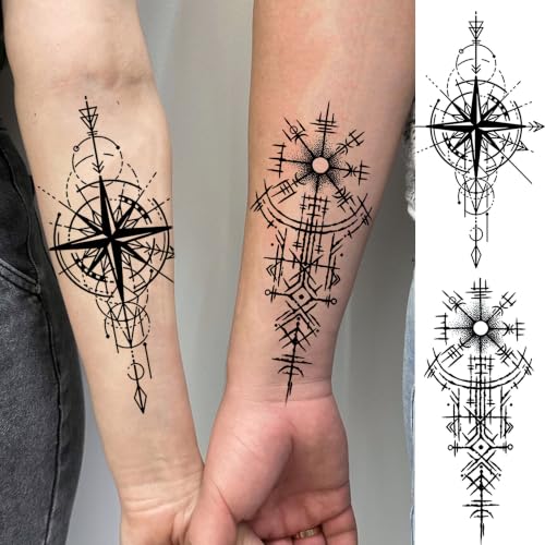 Image of Bilizar 12 Sheets Creative Compass Anchor Temporary Tattoos For Men Women Adults Forearm Tattoo Sticker, Realistic Viking Totem Fake Tattoos Half Arm Sleeve Arrow Chains Tatoos Waterproof Long Lasting