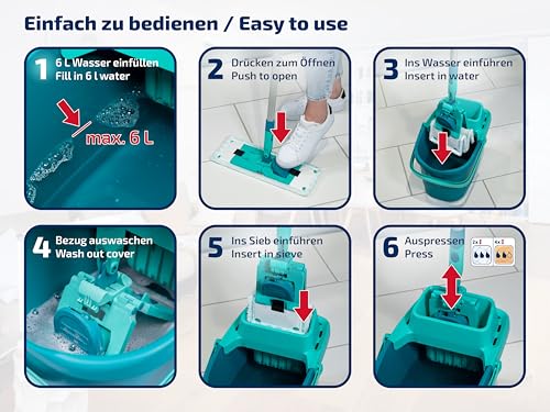 Leifheit Set Power CLEAN, rückenschonender Bodenwischer mit Reinigungsklingen und Wischtuchpresse, Wischmopp Set mit Eimer und 2X Mikrofaser Wischbezüge für alle Hartböden, Click-System – Bild 8