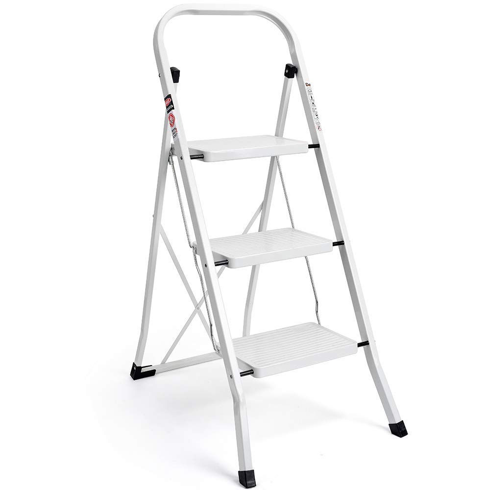 Delxo 3 Step Ladder, Folding Step Stool Ladder with Handgrip & Anti-Slip Sturdy and Wide Pedal, Multi-Use Metal Portable Step Stool for Household & Office Steel 330lbs - White