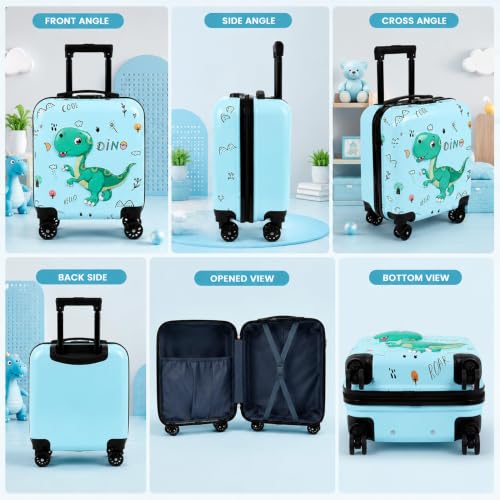 Image of Kids Carry On Luggage with Wheels,18-inch Hard Shell Suitcase Lightweight Toddler Rolling Trolly with Retractable Handle,Durable Hardside Spinner Trolly for Airplane Travel (Blue Dino)