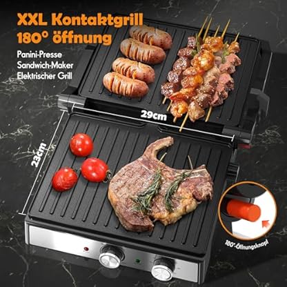 KEINVE Kontaktgrill, Elektrogrill, Sandwichtoaster, Fettarmes Grillen, Panini, Toasts, Steak, Gemüse, Antihaftbeschichtete Grillplatten, 2000W, 35x13x32, Edelstahl/Schwarz – Bild 5