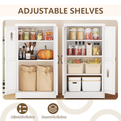 Image of White Metal Storage Cabinet, 43 inch Kitchen Pantry Cabinets for Office | Steel Kitchen Pantry Storage with Doors and 3 Adjustable Shelves, Metal Tool Cabinet, for Office, Home, Garage, School