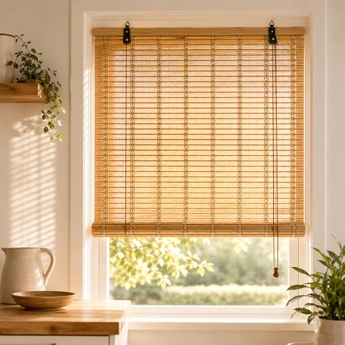 Made to Measure Bamboo Blinds for Windows Natural Bamboo Roller Blind Light Filtering Privacy Shade Custom Size Drill Fit Blind for Kitchen Living Room Bedroom Inside or Outside Mount