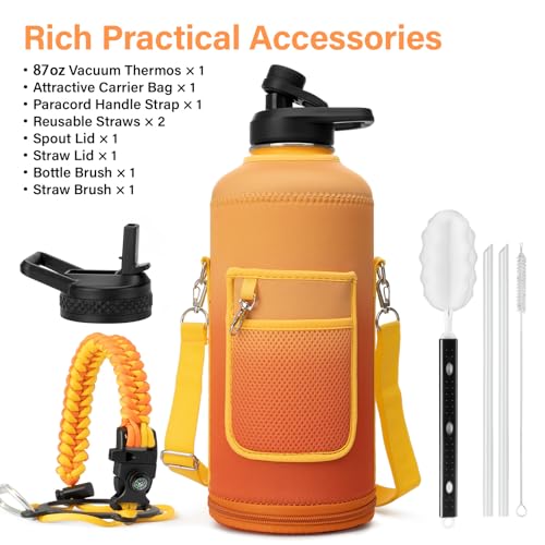 Insulated Water Bottle | Thickened Stainless Steel for Gym and Hiking with Straw, Carrier Bag, Handle Strap | BPA-Free 87 oz