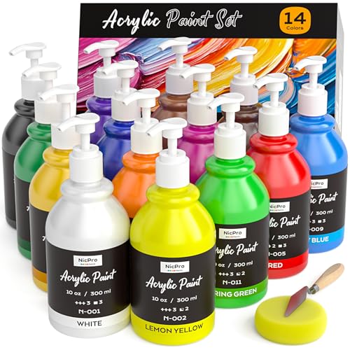 Nicpro 14 Colors Acrylic Paint Set (10oz/300ml) Large Bulk Acrylic Paints kits Rich Pigment Art Painting Supplies for Artists Beginners Adults on Rock Crafts Canvas Wood Ceramic with Pump