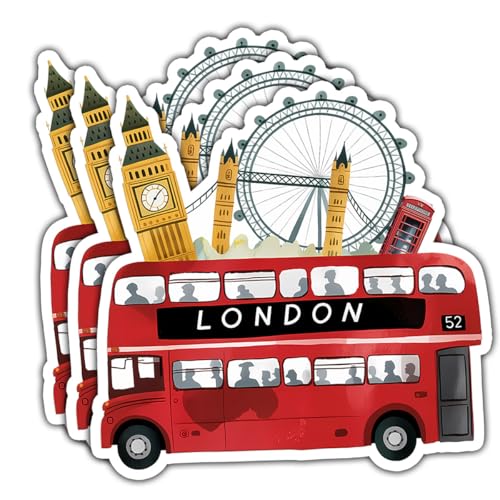 3 Pcs London Red Double Decker Bus Sticker Iconic UK Landmarks – Big Ben, London Eye, Tower Bridge Phone Booth Souvenir Travel Decal – British Tourism for Luggage Laptop Water Bottle