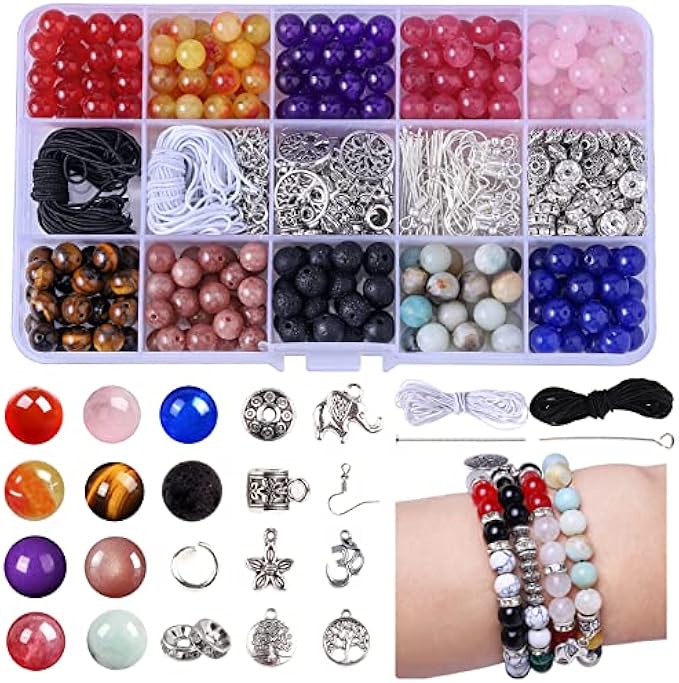 Fishdown 504pcs 8mm Chakra Natural Stone Beads, Natural Stone Healing Beads for Jewelry Making, Crystal Gemstone Beads for Earrings Jewelry Making DIY Kit
