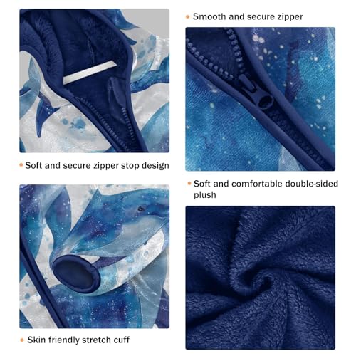 Blue Dolphins Swimming in Ocean Toddler Fleece Jacket Girl Boys Hooded Fleece Jacket Coat Warm Outwear Zip-up 3-10T3