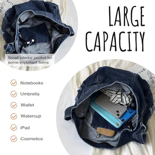 Image of Denim Shoulder Bag for Women,Canvas Tote Messenger Bag with Zipper,Large Casual Crossbody Hobo Handbag Denim Purse