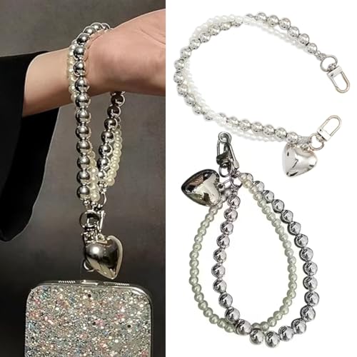 Image of Phone Charm with Beaded Chain | Acrylic Phone Strap for Mobile Keys & Bags | Decorative Wrist Strap | Lanyard Charms | Keychain Accessory for Women Girls (Silver-Heart)