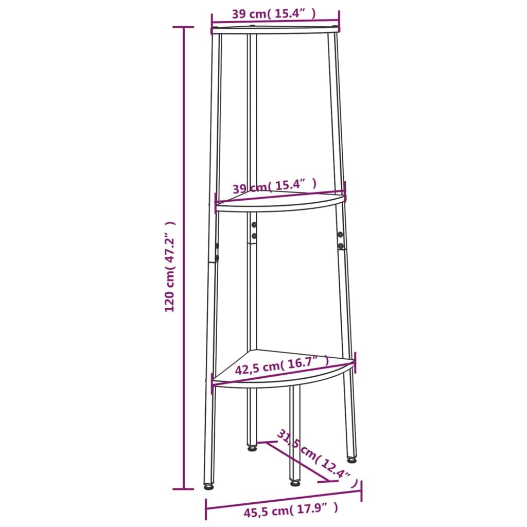 Scaffale angolare con 3 ripiani, nero, in legno e acciaio, 45,5 x 31,5 x 120 cm, salvaspazio, per soggiorno, studio, ufficio, sistema di scaffale aperto per libri e stoccaggio