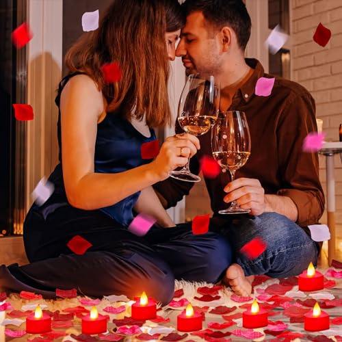 Image of Coume 6000 Pieces Artificial Rose Petal 72 Pieces LED Tealights Candle, Romantic Decorations Special Night Rose Petal Heart Candle for Valentines Wedding Anniversary Proposal Decor(Cute Red Light)