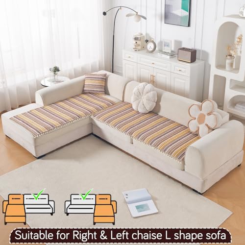 Image of HOKIPO L Shape (2+2 Seater) Sofa Cover Seat Mat | 300 GSM Cotton Acrylic Jacquard Fabric with Tassel, 'Trivana Series' Chocolate Brown (IN-934+935-J4)