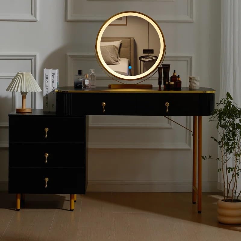 modern vanity dressing table with led round mirror, 5 drawers, black and gold finish