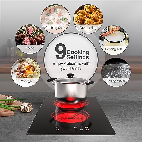 Image of GIHETKUT Electric Cooktop,Built-in and Countertop Electric Stove Top, 2100W 110V Electric Burner 9 Heating Level, Timer & Kid Safety Lock, Sensor Touch Control 2 Burner Electric Cooktop.