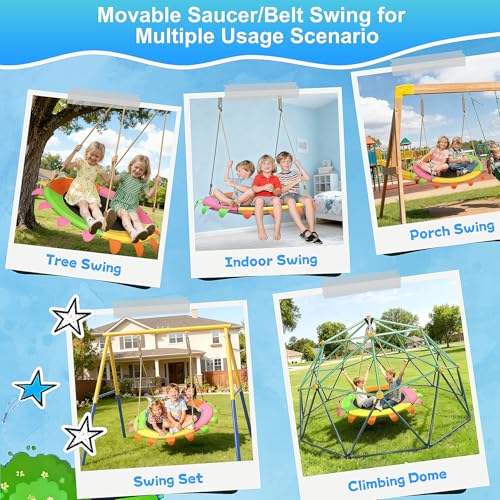Image of 440lbs Metal Swing Sets for Backyard, 2 Seat Outdoor Kids Playset with Saucer, 40 Inch Saucer Swing, A-Frame Metal, Belt Swing and Basketall Hoop, Playset for Children Outdoor Fitness