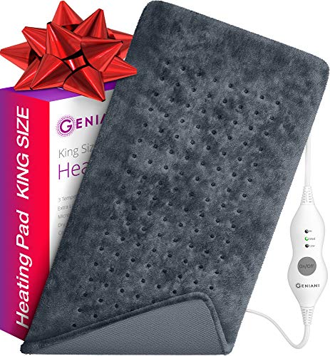 GENIANI Extra Large Electric Heating Pad for Back Pain and Cramps Relief - Auto Shut Off - Soft Heat Pad for Moist & Dry Therapy (Navy Gray)