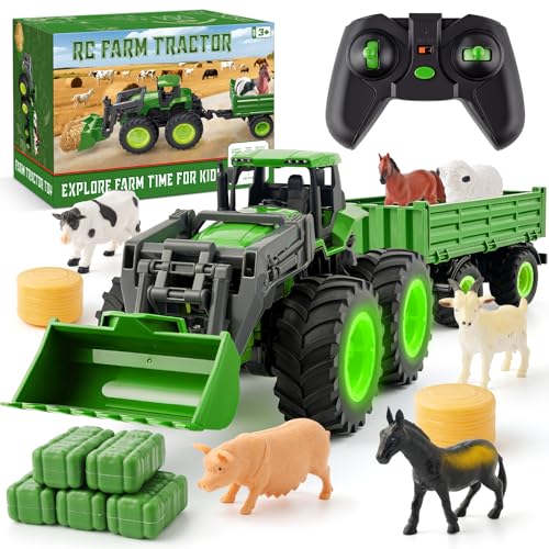 Remote Control Tractor Toy Set with Trailer & Farm Accessories, Light Up Farm Truck Toys for Boys & Girls 3, 4, 5, 6, 7 Year Old, 2.4 Ghz RC Tractor Toys, Ideal Christmas, Birthday Gifts for Kids
