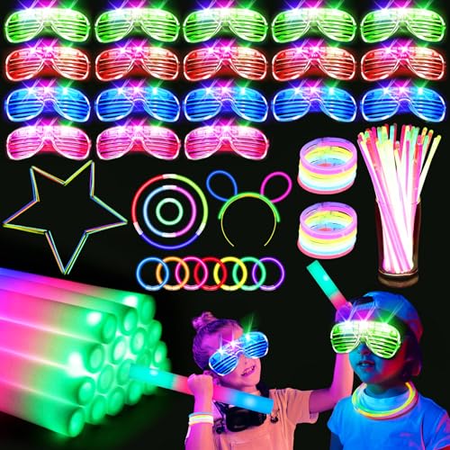SHQDD 136PCS Glow in the Dark Party Supplies, 18 PCS Foam Glow Sticks, 18 PCS LED Glasses and 100PCS Glow Sticks Bracelets,Neon Party Favors for Glow Party, Wedding, Concert,Raves and Birthday