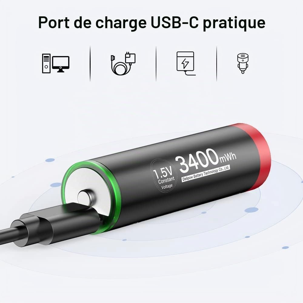 Piles Rechargeables AA 1,5V Lithium 3400mWh USB C 4 Pièces 1500 Cycles