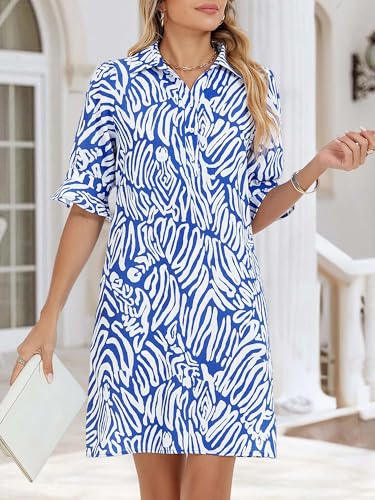 Image of FENSACE Womens Casual Shirt Dress Ruffle Sleeve Button Down Shift Summer Dresses with Pockets