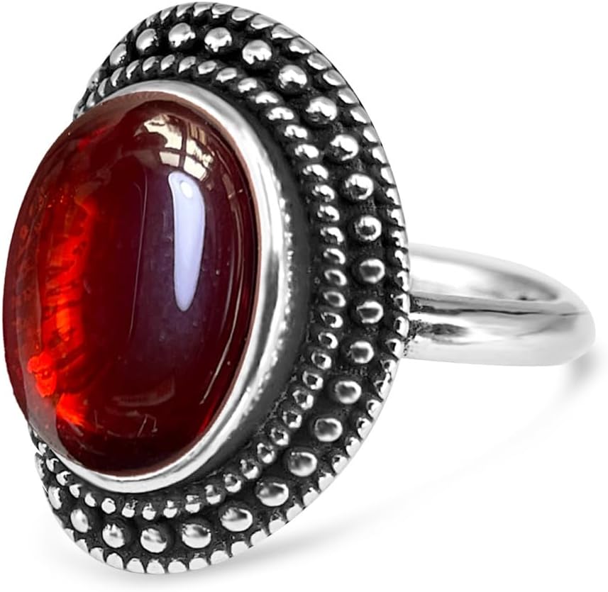 Natural Oval Stone Boho Ring,Retro Antique S925 Sterling Silver Crystal Quartz Gemstone Bohemian Statement Handmade Ring Jewelry for Women Her