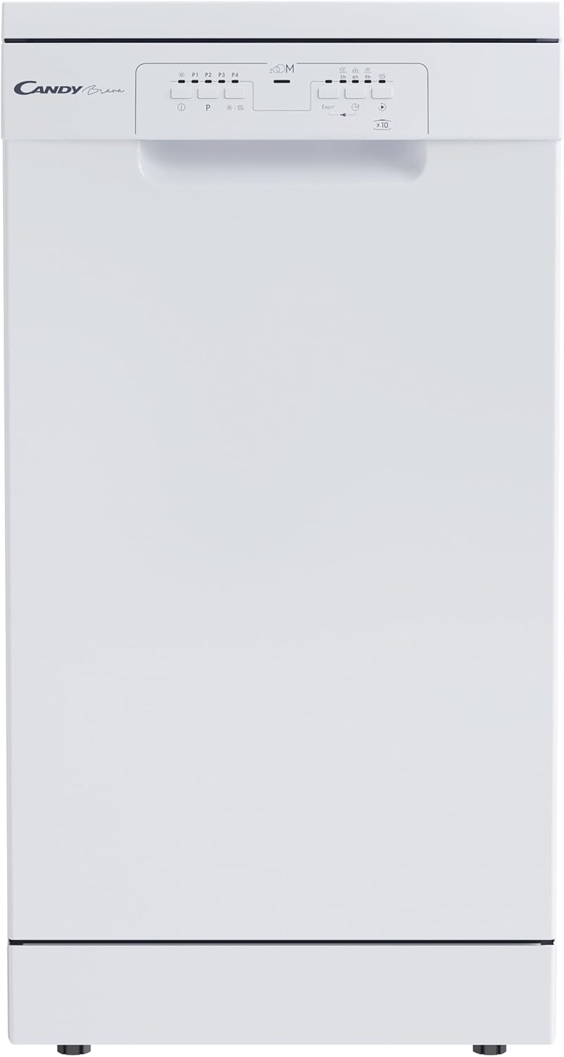 ด้านหน้า view of the Candy Brava CDPH 2L1049W-01 dishwasher with the door open, showing the interior baskets.