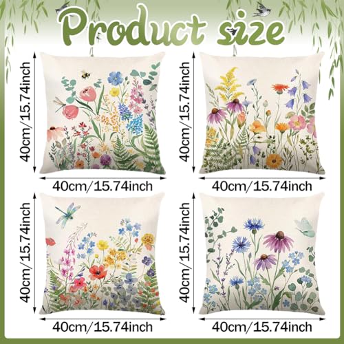 4 Stück Frühling Kissenbezug 40x40 cm,Kissenbezüge Frühlingsblumen,Frühlingsdeko Kissen Kissenhülle Leinen, Blumen,Vögel,Wildblumen,Schmetterlinge,Tulpen,für Schlafzimmer Wohnzimmer Sofas Deko (B)