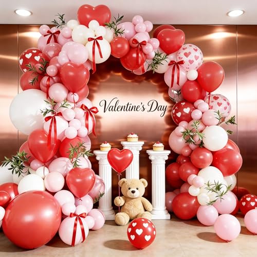 Image of 60 Pcs Pink and Red Balloons, 12 Inch Red Heart Printed Latex Balloon, Pastel Pink White Helium Balloons with Bow Ribbon, for Valentine's Day Wedding Anniversary Baby Shower Birthday Party Decoration