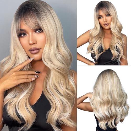 OUFEI Long Ombre Blonde Wig With Bangs Natural Wavy Wigs for Women Natural Synthetic Hair Heat Resistant Wigs for Daily Party Cosplay Wear
