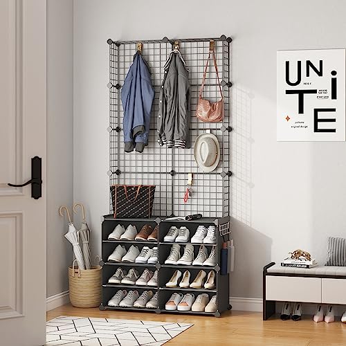 MAGINELS Shoe Rack,Shoe Organizer Storage with Coat Hanger for Entryway,4 Layers Shoe Cabinet with Metal Frame,Shoe Rack with Coat Rack,Shoe Cubby with Removable Hooks,for Hang Clothes,Bag,Hats,Black