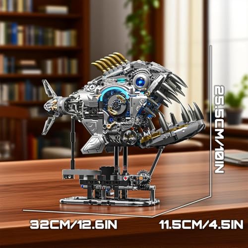 Image of SKY LINE OCEAN Mechanical Piranha Building Block Kit, 1085+ PCS Hand-Crank Gear Driven Motion Model, Multi-Joint Mechanical Fish STEM Construction Set for Teens & Adults, 5-Year Structural Warranty