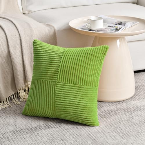Image of Fancy Homi Set of 2 Lime Green Decorative Throw Pillow Covers 20x20 Inch for Living Room Couch Bed Sofa, Farmhouse Boho Home Decor, Soft Cross Corduroy Patchwork Accent Square Cushion Case 50x50 cm