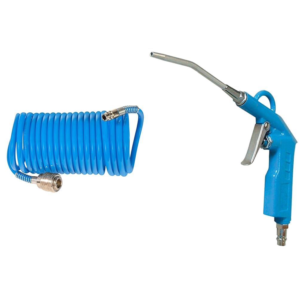 Güde Druckluft-Spiralschlauch 5 mm / 5 m (max. 11 bar, mit Knickschutz, inkl. Schnellkupplung und Stecknippel) & Güde Ausblaspistole MIDI (Alu-Druckguss-Gehäuse, IG 1/4", max. 12 bar, 8 cm Düsenlänge)