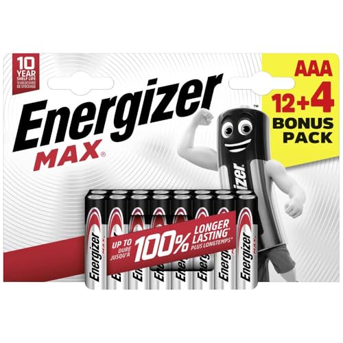 Energizer - MAX, Pack de 12+4 Pilas AAA, Larga duración para Uso Cotidiano, sin sulfataciones y con 10 años de Vida útil