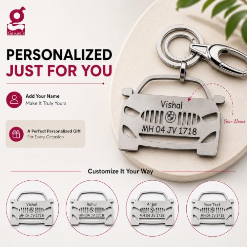 Image of Personalized Stainless Steel Key Chain /Key Ring | Durable, Compatible with All Models | Customized Car Number Plate | Ideal Gift for Him (Silver)