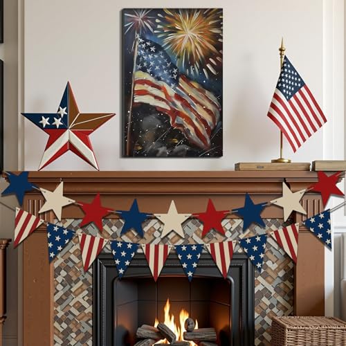Image of Framed 4th of July Fireworks American Flag Wall Art, Patriotic Impasto Canvas Art Pictures, USA Flag Wall Decor for Living Room Man Cave Bar, Ready to Hang Made in USA