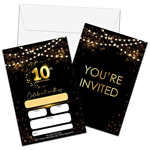 10th Anniversary Invitations Cards, Black Gold Glitter Wedding Anniversary Invitations with Envelopes, Celebrate With Us Fill-in Invites Cards, Anniversary Party Supplies Decorations(Pack of 25)