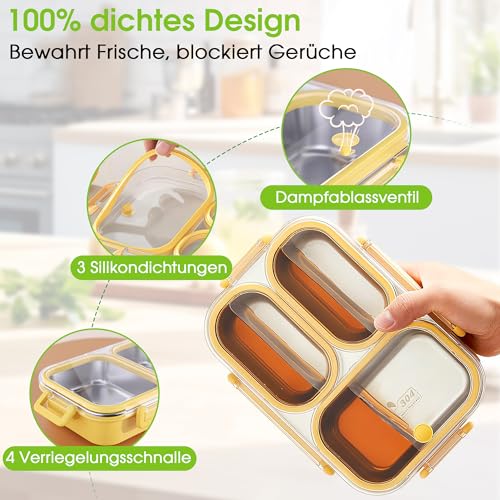 BOYUNSHI Bento Lunchbox, Brotdose Edelstahl mit 3 Fächern & Unabhängiger Dichtungsring, Auslaufsicher Lunchbox Kinder Erwachsene, BPA-frei & Spülmaschinenfest, 800ml