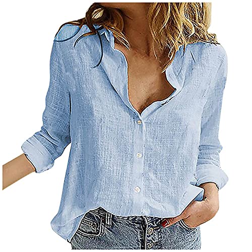 FFFG Fashion Women's Tops Shirts Casual Long Sleeves T-Shirt Summer Loose Linen Button Solid Lapel Blouse Top for Lady Blue