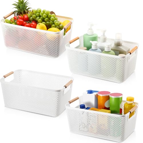 Tioncy 4 Pcs White Mesh Baskets with Wooden Handles Plastic Stora...