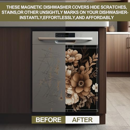 Image of Brown Black Flower Dishwasher Magnet Cover,Artistic Kitchen Decor Waterproof Refrigerator Magnet Appliance Cover Protector,23Wx26H Inches