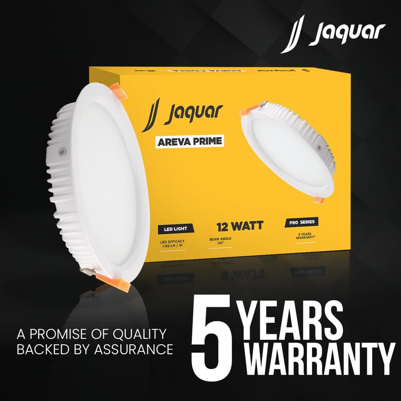 Image of Jaquar 12W Areva Prime Round Downlight with Aluminum housing | 5 Year Warranty | Cool White (6500k) Sleek Backlit Design | Recessed Mounted False Ceiling | 105 mm Cutout |120x28 mm (Pack 1)
