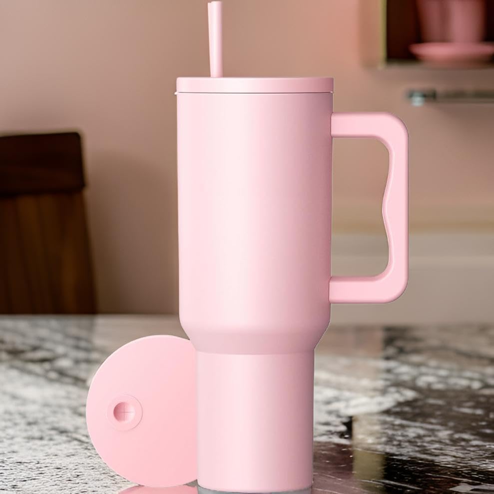 Image of Tumbler with Handle and Straw Lid, Reusable Cup Leakproof Iced Coffee Sipper Mug for Keeping Beverages Water Hot or Cold, Perfect for Travel, Gym 1.2L (Pink)