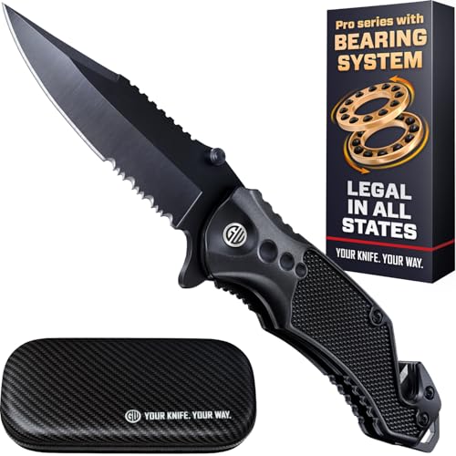 Legal Pocket Knife with Ball Bearing & Case - 5 in 1 Knife - 2.95” Serrated Blade, Glass Breaker, Seat Belt Cutter - EDC Folding Knives with Portable Clip - Tool for Tactical Camping Survival 6680 U