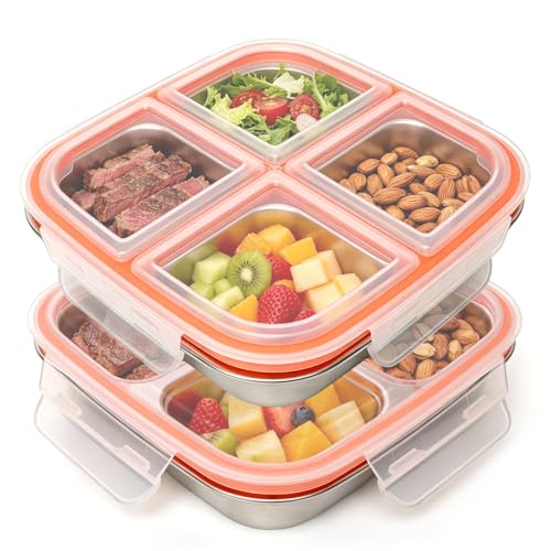 Ouxayapl 2 Stück Snackbox mit Fächern Edelstahl Brotdose für Kinder & Erwachsene Auslaufsicher lunchbox mit Deckel für Schule Arbeit & Camping (600ML)